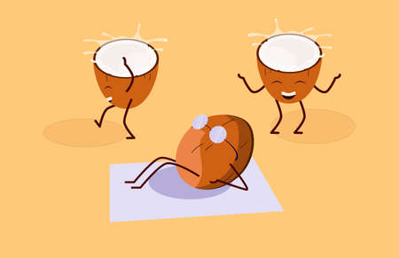 Funny dancing coconuts on the beach. Coconut party. Coconut milkのイラスト素材