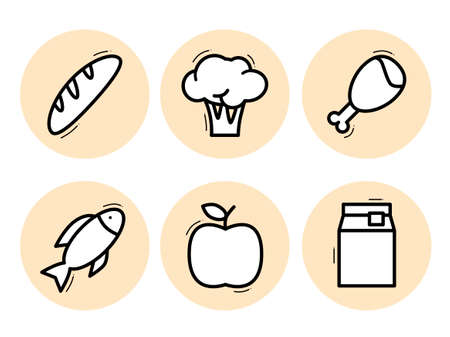 A set of food icons. Fruits, vegetables, fish, meat, dairy products, breadのイラスト素材