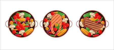 Food cooked on the grill. Seth. Vegetables, meat, and fish. BBQ facilitiesのイラスト素材