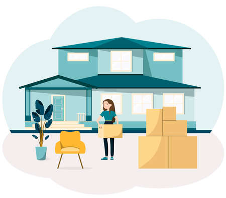 A young woman moves into a new house. Boxes of things, Furniture.のイラスト素材