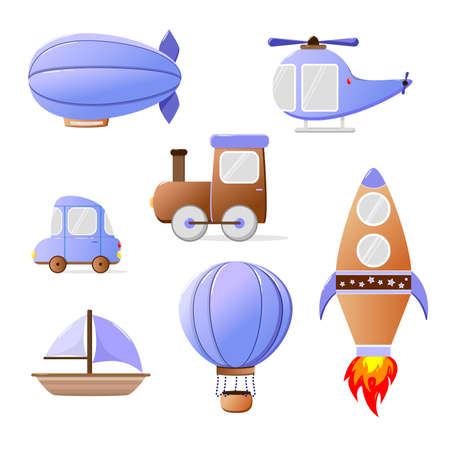 The set of different vehicles is blue. Car, airship, rocket, balloon, train, helicopter, boat. children's illustrationのイラスト素材