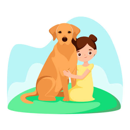 A girl on a walk with a dog. cartoon design.のイラスト素材