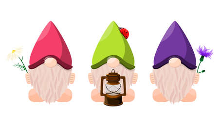 Set of cute garden gnomes with colorful hats on a white backgroundのイラスト素材