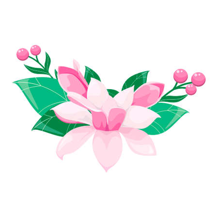 A magnolia flower with green leaves. cartoon design.のイラスト素材