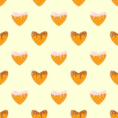 Cute seamless pattern with waffles in the shape of a heartのイラスト素材