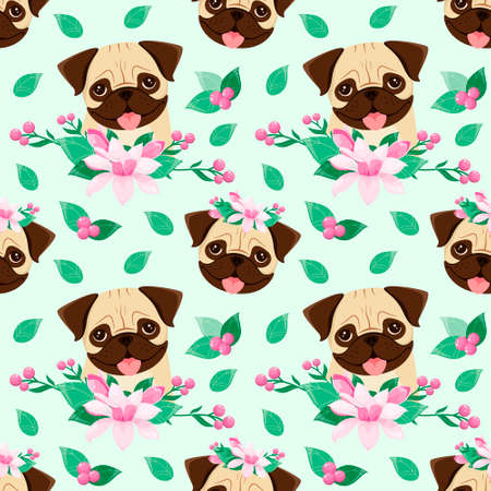 Seamless pattern with pug and flowers. cartoon design.のイラスト素材