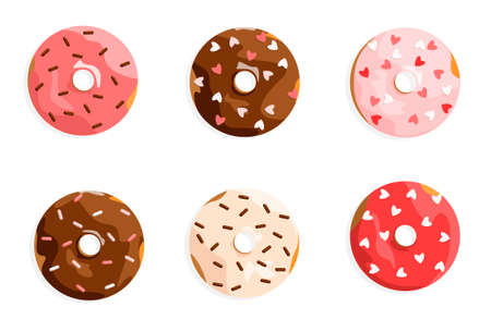A set of donuts in pink glaze and chocolate with colorful sprinkles. Dessertのイラスト素材
