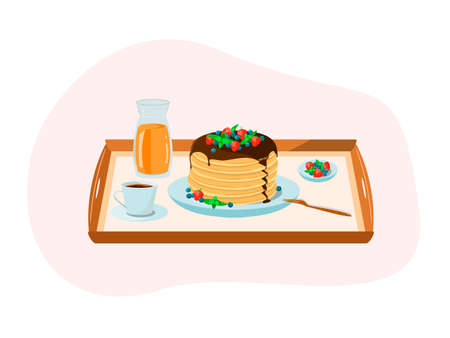 Breakfast on a tray. Pancakes with berries, a cup of coffee, orange juice, a plate of berries, strawberries, blueberries, mintのイラスト素材