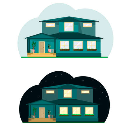 Country two-storey house day and night. Light in the windows, starry skyのイラスト素材