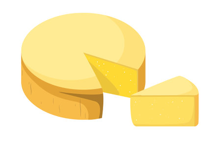 A whole head of yellow cheese with a cut piece on a white background. Parmesan cheese. Dairy productsのイラスト素材