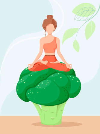 A woman is sitting on a broccoli. Health nutrition. cartoon design.のイラスト素材