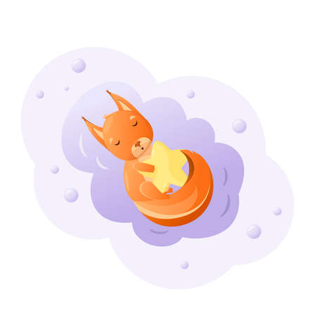 Cute squirrel sleeps on a cloud in an embrace with a star. Children's animal illustration.のイラスト素材