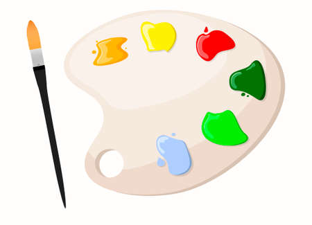 Palette with multi-colored paints and a brush on a white backgroundのイラスト素材