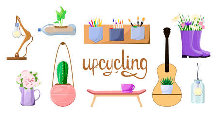 A set of items for secondary use. Upcycling.のイラスト素材