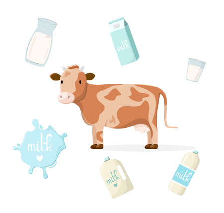 Cute brown cow with spots. Milk in different packages. Bottles, cans, glass and glass jugのイラスト素材