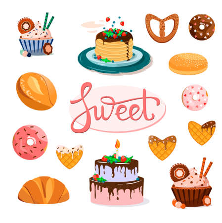 Set of sweets on a white background. Buns, croissants, cake, pancakes with berries, cupcakes, donuts with icing, waffles. Letteringのイラスト素材