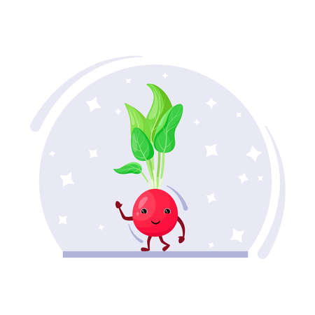 A cheerful radish on a background of stars. Cute vegetable in cartoon style.のイラスト素材