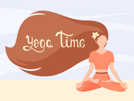 A girl in the lotus position. yoga time. cartoon design. vector illustration.のイラスト素材