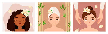 A girl with a towel on her head. spa treatments. cartoon design.のイラスト素材