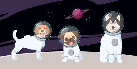 Funny dogs in spacesuits in space. cartoon design.のイラスト素材