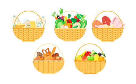 A set of baskets with food on a white background. flat design.のイラスト素材