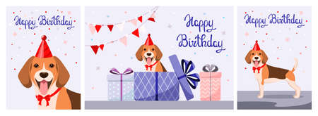 Greeting card with a beagle dog. happy birthday. cartoon design.のイラスト素材