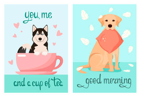 A set of postcards with funny dogs. cartoon design. vector illustration.のイラスト素材