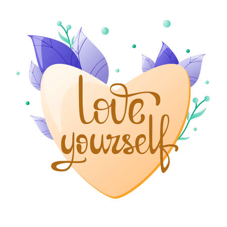 Inscription. Love yourself against the background of a heart with leaves. lettering.のイラスト素材