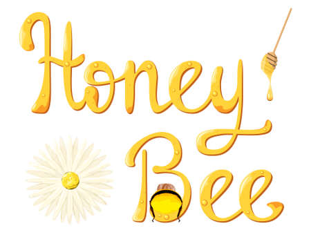 Lettering bee honey in yellow letters with a honey texture. Flying bees and chamomileのイラスト素材