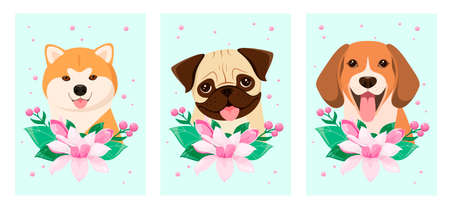 A set of dogs with magnolia flowers. cartoon design.のイラスト素材