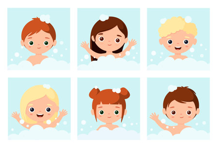 A set of funny kids in soap suds. cartoon design.のイラスト素材
