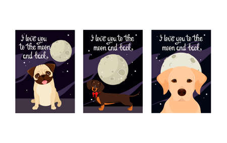 A set of postcards with dogs. I love you to the moon and back. cartoon design.のイラスト素材