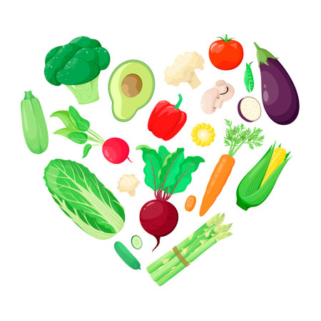 A set of heart-shaped vegetables on a white background. Health nutrition. healthy lifestyle. Diet.のイラスト素材