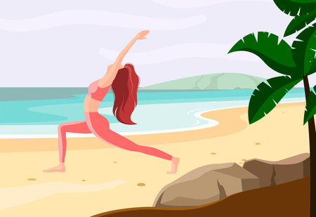 A girl does yoga on the beach. cartoon design.のイラスト素材