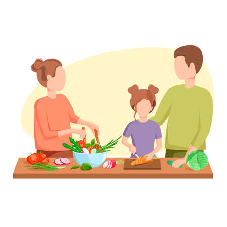 The family is cooking. Dad, mom and daughter. Health nutrition. cartoon design.のイラスト素材
