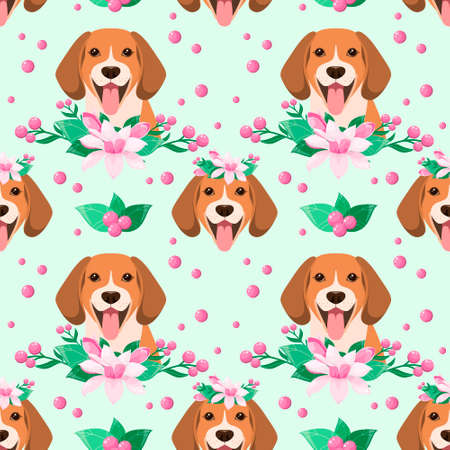 Seamless pattern with a beagle dog and magnolia flowers. cartoon design.のイラスト素材