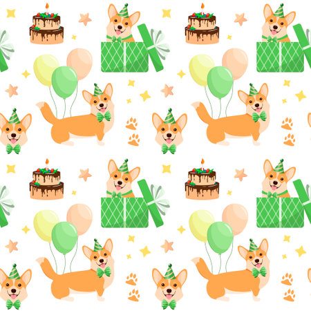 A festive seamless pattern with funny corgi dogs. cartoon design.のイラスト素材