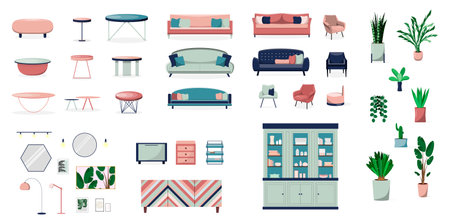 Set of furniture and home decor. Sofas, armchairs, coffee tables, mirrors, cabinets, cabinets, potted flowers, lampsのイラスト素材