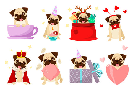 A set of funny pugs on a white background. cartoon dog design. vector illustration.のイラスト素材