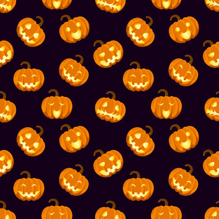 Seamless pattern for Halloween. Glowing pumpkins on a dark background.のイラスト素材