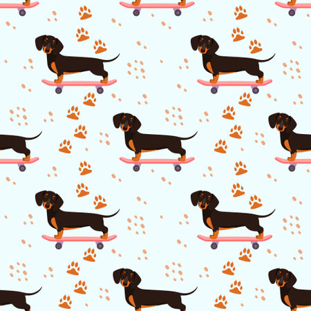 Seamless pattern with funny dogs. Dachshund on a skateboard. cartoon design.のイラスト素材