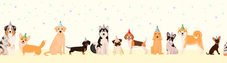 Seamless border with festive dogs. cartoon design. vector illustration.のイラスト素材