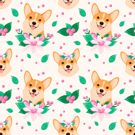 Seamless pattern with corgi and flowers. cartoon design.のイラスト素材