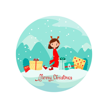 A Christmas card with a cute elf and gifts. flat design.のイラスト素材