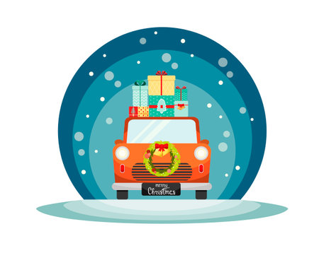 A holiday car with gifts. flat design. Christmas card.のイラスト素材