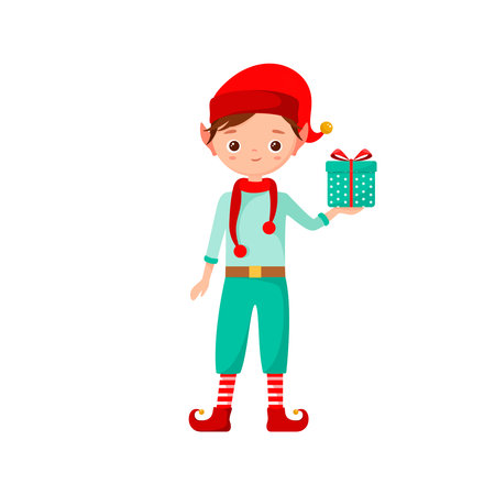 Cute elf with a gift on a white background. flat design.のイラスト素材