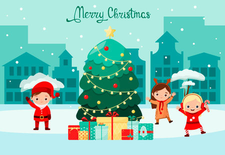 christmas card. Children in costumes near the Christmas tree. flat design.のイラスト素材