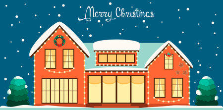 christmas card. A house decorated with a garland. snow. flat design.のイラスト素材