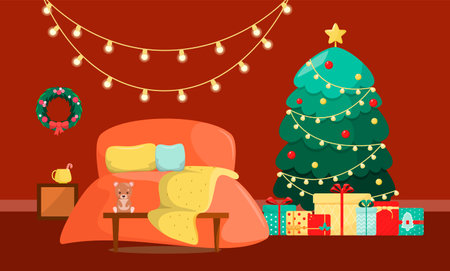 Festive bedroom interior. Christmas tree with gifts. Cozy house. flat design.のイラスト素材