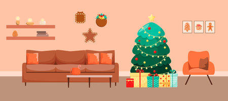 Christmas interior of the living room. Cozy house. flat design.のイラスト素材